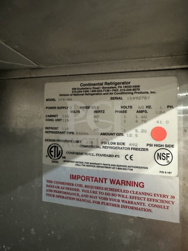 Continental stainless steel solid-single door freezer, Model 1FE-SA, serial 15492787, with poly coated rack, 115V, on casters.