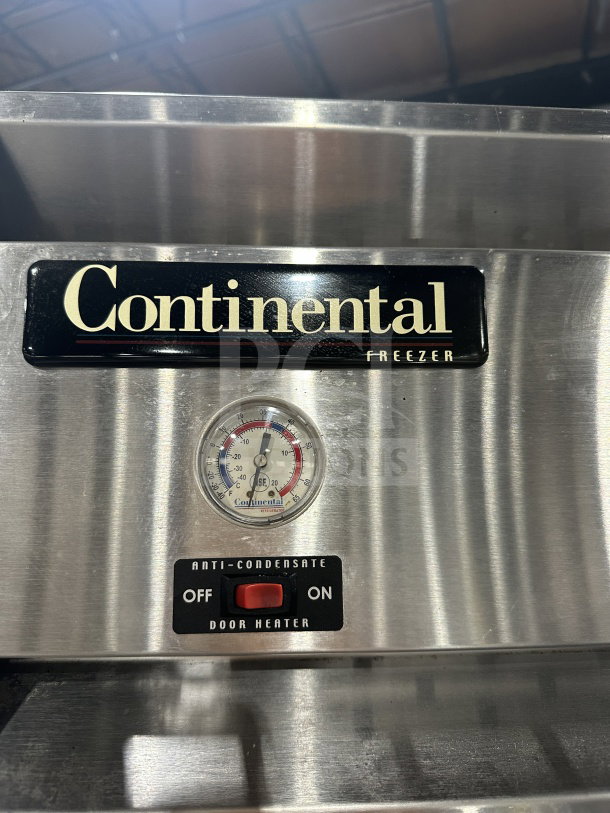 Continental stainless steel single-door freezer, Model 1FE-SA, with temperature gauge and anti-condensate door heater switch.