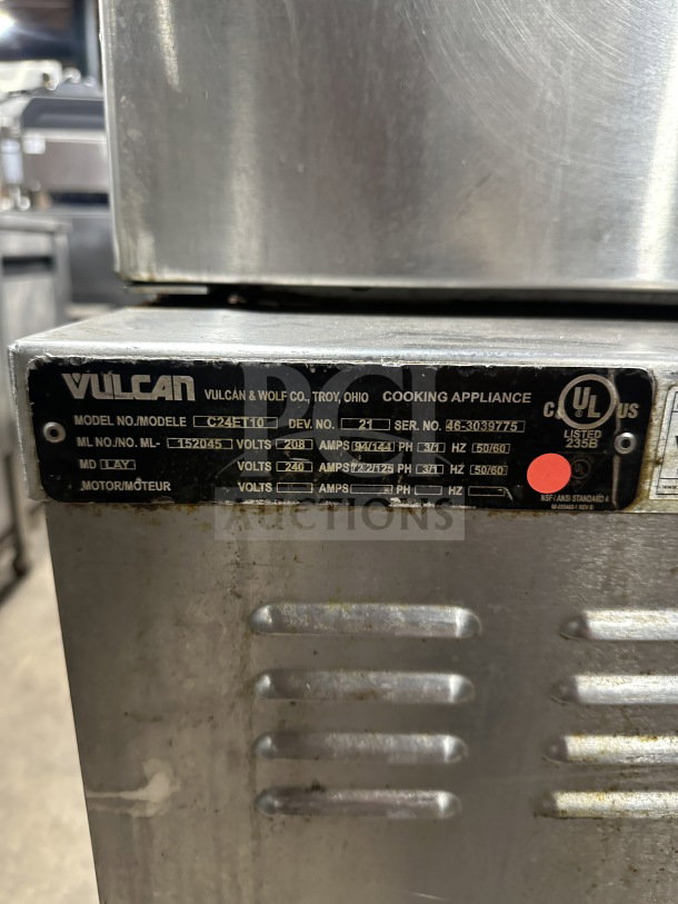 Vulcan C24GA10 commercial stainless steel dual cabinet convection steamer, gas-powered, UL/NSF marked, model tag visible.