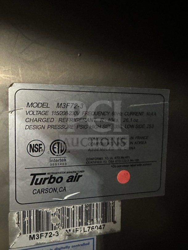 Turbo Air M3 Series 3-Door Stainless Steel Freezer, Model M3F723, includes poly-coated wired rack. Serial: M3F7L76047.