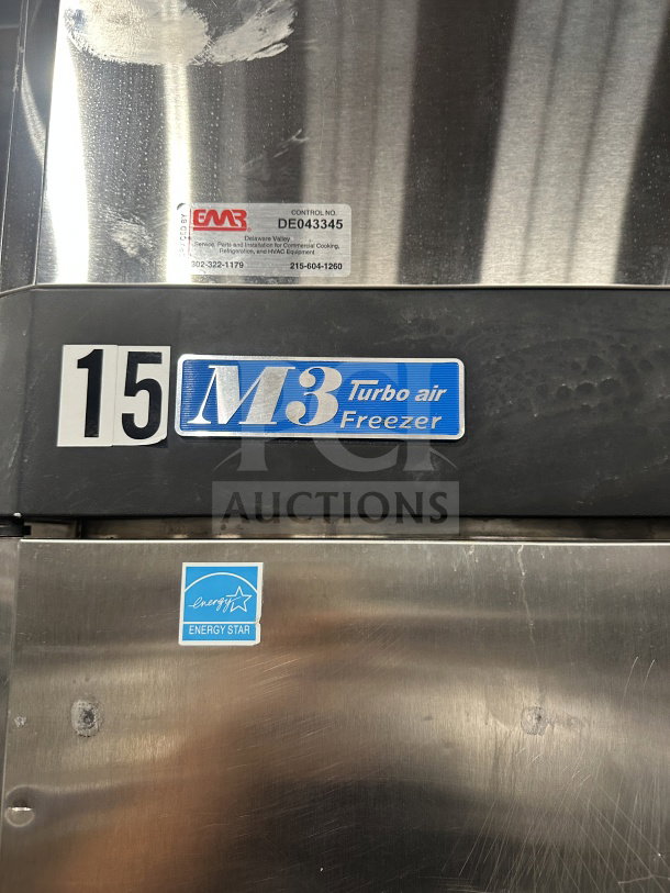 Turbo Air M3 Series 3-door stainless steel freezer, model M3F723. Features Energy Star label, gently used condition.