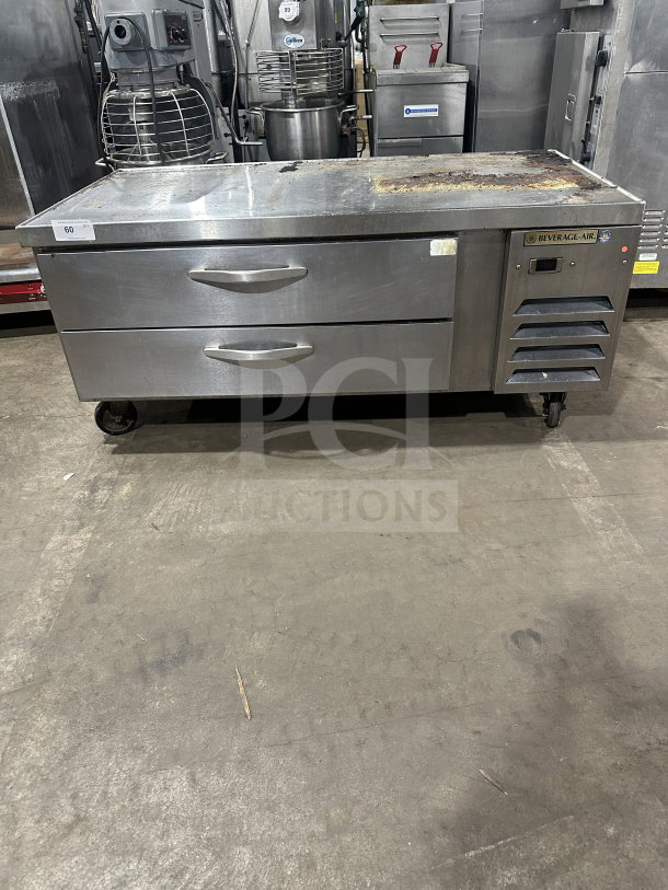 Beverage Air WTRCS60-1 stainless steel 2-drawer fridge chef base on casters. Electric, 115V, used, working condition.