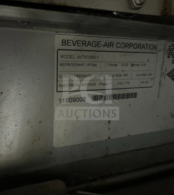 Beverage Air stainless steel 2-drawer fridge, Model WTRCS60-1, Serial 11909008, 115V, on casters, working condition.