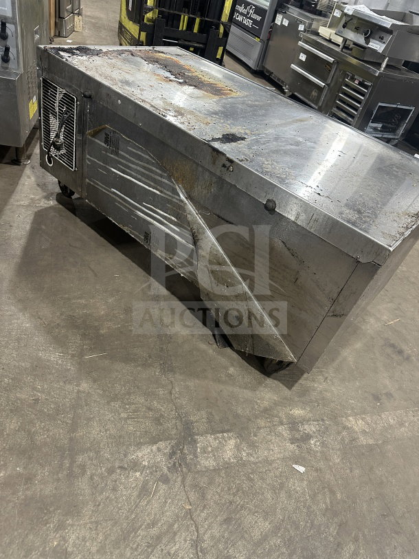 Beverage Air stainless steel 2-drawer fridge, model WTRCS60-1, on casters, electric, worn top surface, 115V, commercial use.