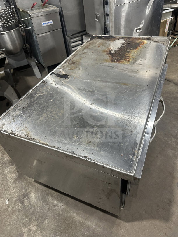 Beverage Air 2-Drawer Chef Base Fridge, Model WTRCS60-1, stainless steel, on casters, used condition with surface wear.
