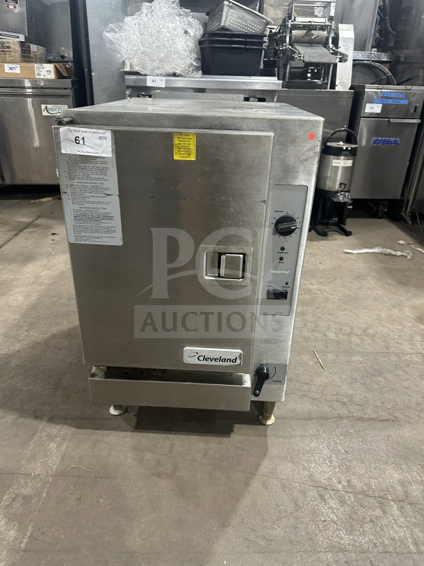 Cleveland Range SteamChef stainless steel 6-pan convection steamer, electric, 208V 3 Phase, good condition, visible labels.