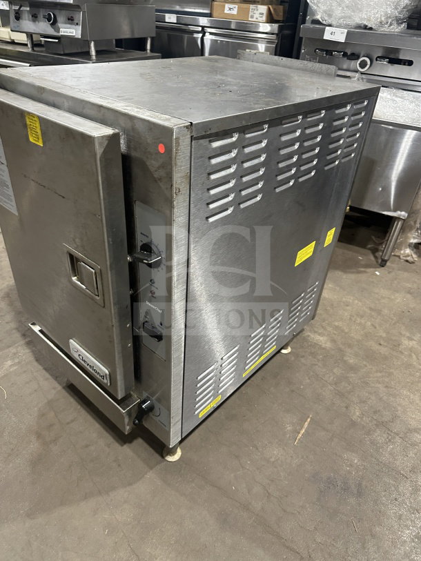 Cleveland Range SteamChef stainless steel 6-pan convection steamer, electric, 208V 3-phase, good condition, visible controls.