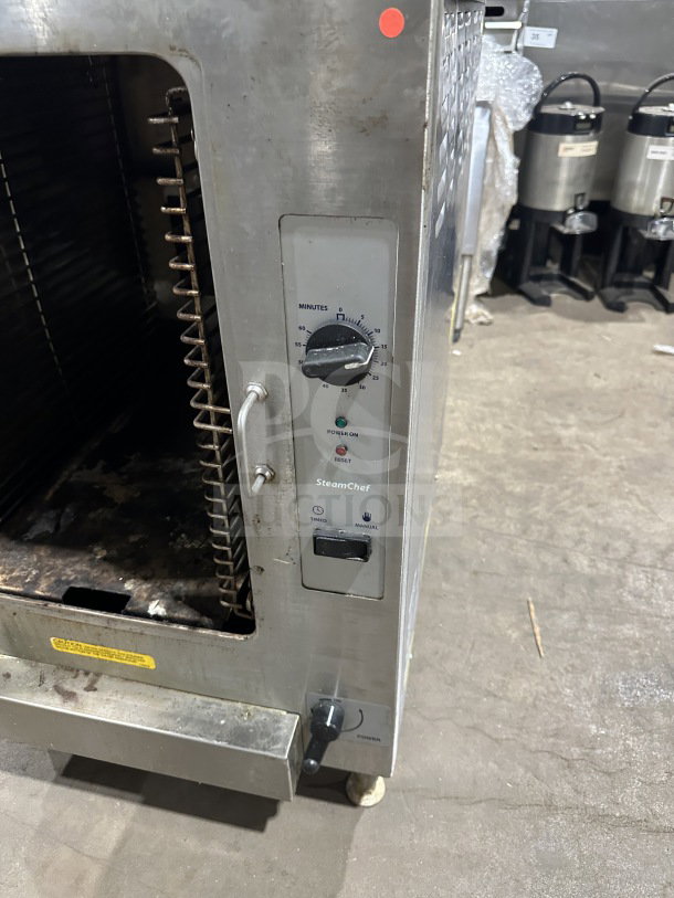 Cleveland Range SteamChef stainless steel 6-pan electric countertop convection steamer, 208V, 3-phase. Visible control panel.