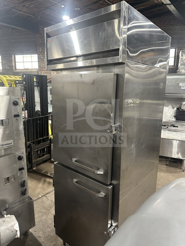 Cleveland DL1WE-HD stainless steel 2-door heated holding cabinet, Energy Star certified, on legs, used condition.