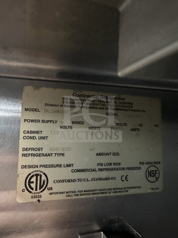 Label on a Continental Commercial Stainless Steel 2-Door Heated Holding Cabinet, Model DL1WE-HD, certified by UL and NSF.