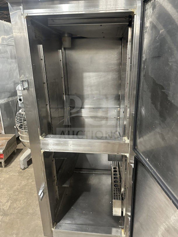 Cleveland DL1WE-HD stainless steel 2-door heated holding cabinet, Energy Star certified, used condition, 115V, with legs.