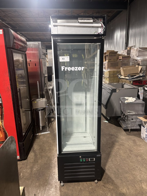 Cleveland SD240 commercial gelato freezer, single glass swing door, door heater, LED light, poly-coated wire racks, good condition.