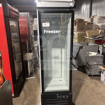 Cleveland SD240 commercial gelato freezer, single glass swing door, door heater, LED light, poly-coated wire racks, good condition.