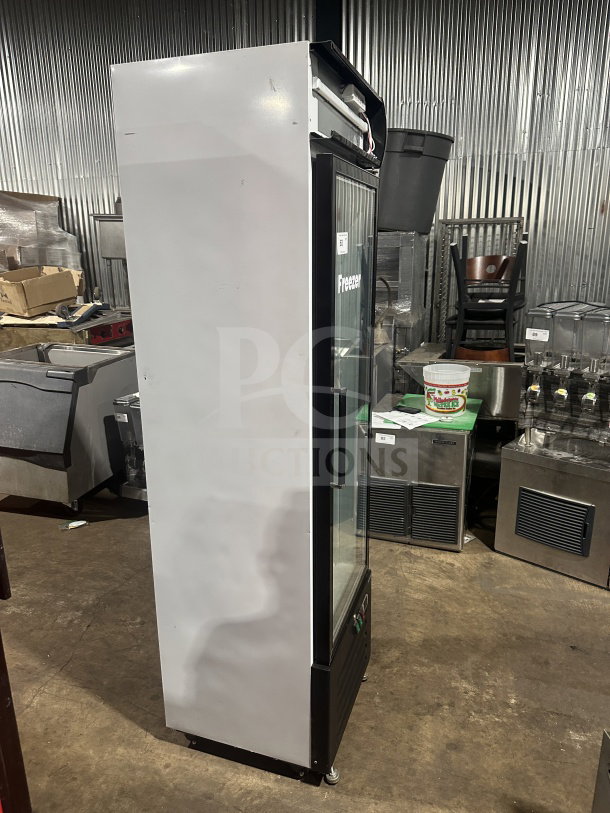 Cleveland SD240 gelato merchandiser freezer with single glass door, door heater, LED light, and poly-coated wire racks.