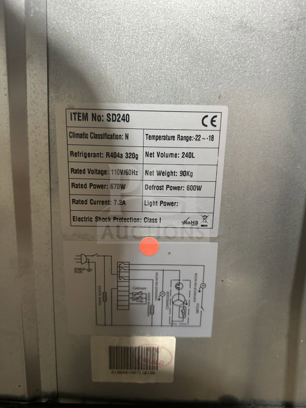 Cleveland SD240 freezer label showing model, refrigerant type R404a, voltage 110V/60Hz, net volume 240L, and weight 90kg.