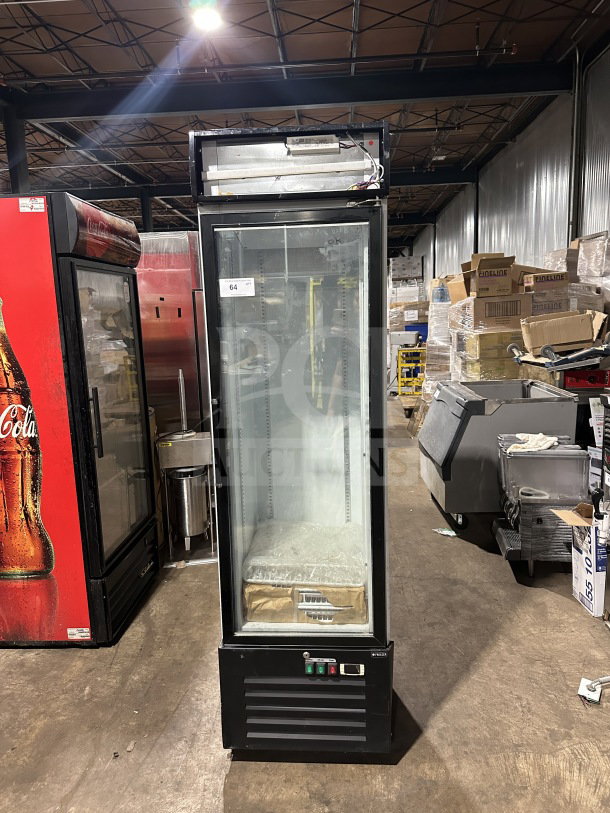 Commercial black gelato style merchandiser freezer, model SD240, with glass swing door, LED light, poly-coated wire racks. Working condition.