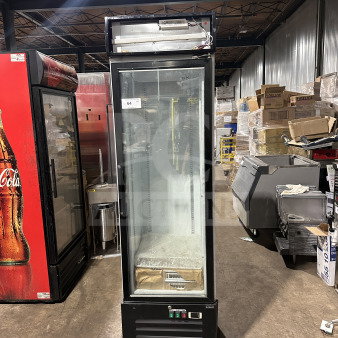 Commercial black gelato style merchandiser freezer, model SD240, with glass swing door, LED light, poly-coated wire racks. Working condition.