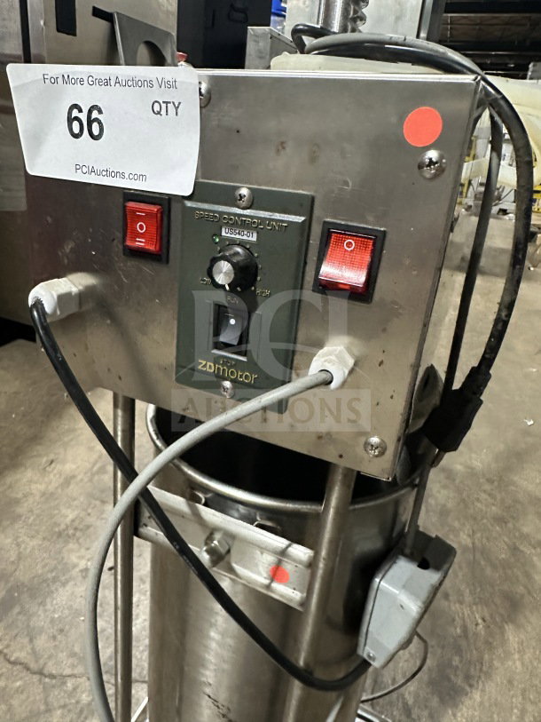 Commercial stainless steel electric sausage stuffer with control unit, intact wiring, and power switches. Model US540-01, by ZDmotor.