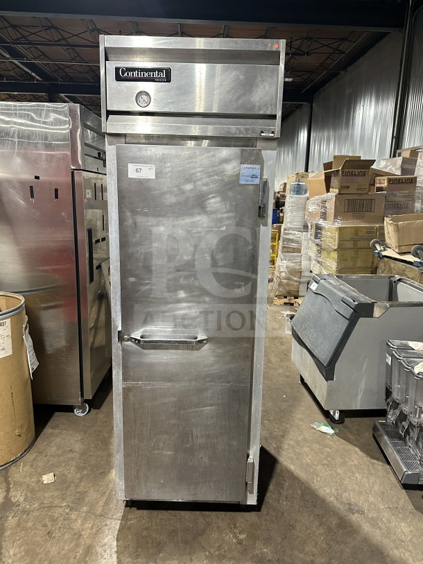 Continental Commercial Stainless Steel Reach-In Single Door Freezer, Model 1F, on casters, used, SN: 14340755, 115V, 1 Phase.