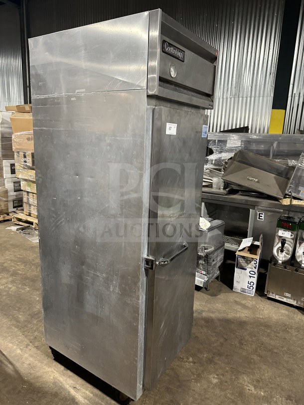 Continental Commercial Stainless Steel Reach-In Single Door Freezer, Model 1F, on casters, working condition with visible wear.