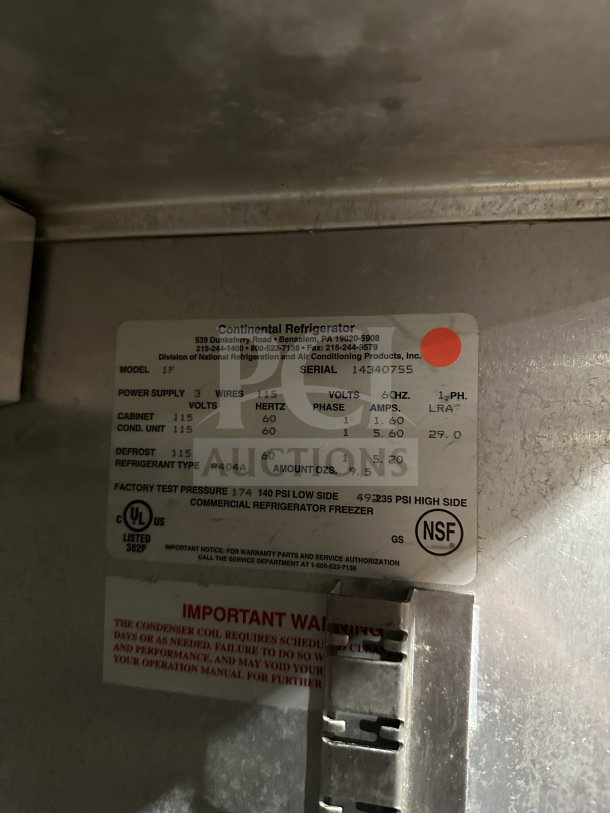 Continental stainless steel reach-in single door freezer, model 1F, 115V, serial 14340755, with NSF certification label.