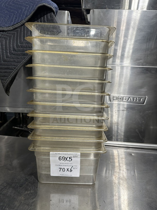 Cambro 631-1 commercial polypropylene translucent food pan, 1/4x6", full-size, used condition, stack of 7, labeled 69x5, 70x6.