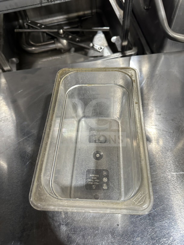 Cambro commercial 1/4x6" polypropylene food pan, model 631-1, translucent with visible markings, in good condition.
