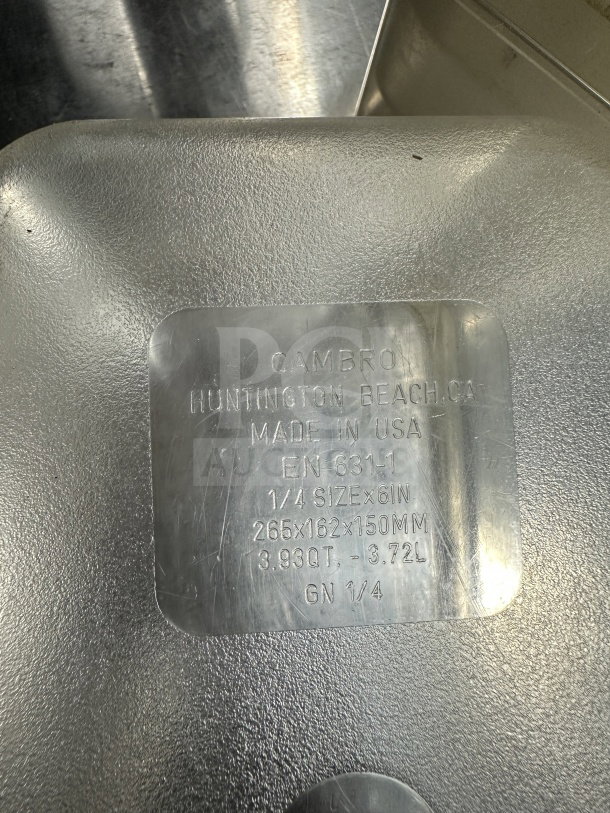 Cambro 631-1 food pan, translucent polypropylene, 1/4 size, 6" depth, made in USA, 3.93 qt capacity, model label visible.