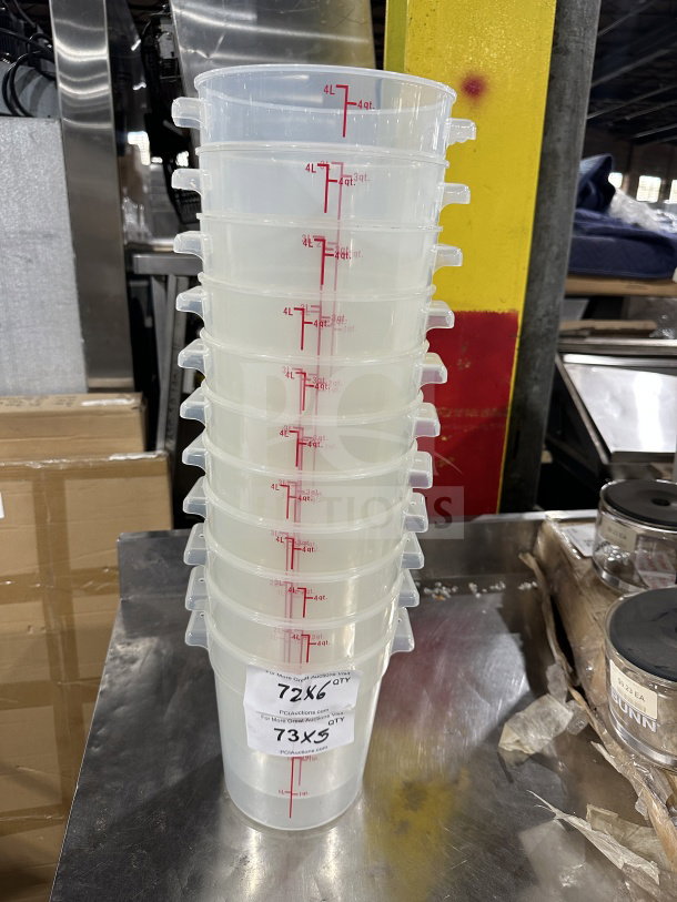 Winco 4Qt Round White Translucent Food Storage Containers, Model PTRC-4, in stack. Red measurement markings visible.