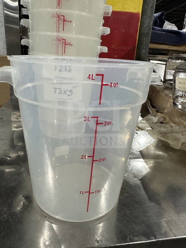 Winco PTRC4 4Qt round translucent food storage container, white, with red measurement markings, excellent condition.