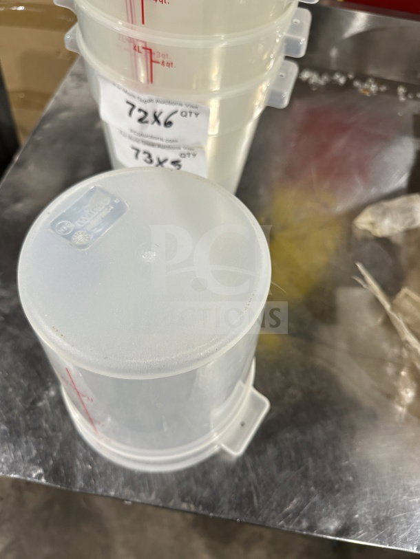 Winco PTRC-4 4Qt round translucent food storage container, new condition, with measurement markings and labels visible.