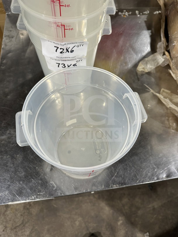 Winco 4Qt Round Translucent Food Storage Container, Model PTRC-4, with measurement markings and auction tags visible.