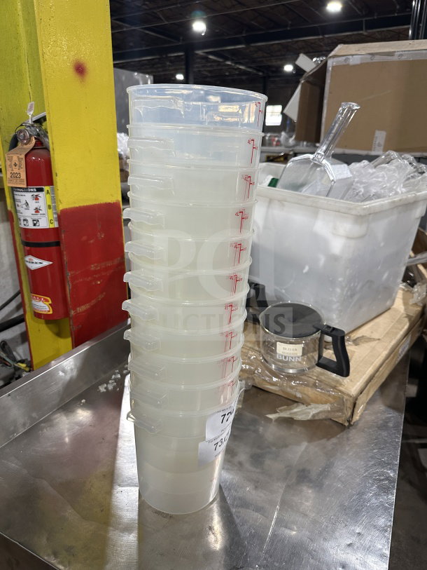 Winco 4Qt round white translucent food storage container, model PTRC-4, in stack, markings visible, commercial use.