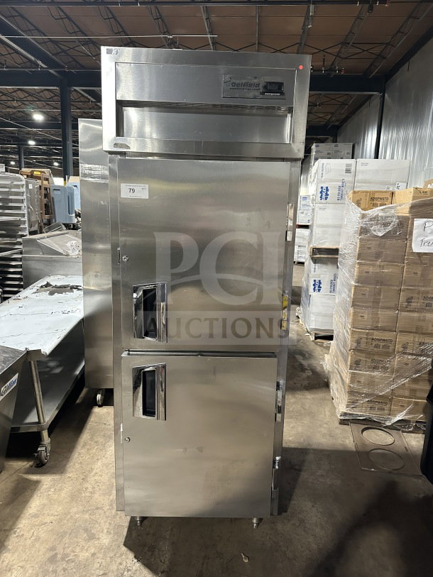 Delfield SSR1-SH-21 stainless steel commercial reach-in refrigerator, excellent condition, dual doors, visible control panel.