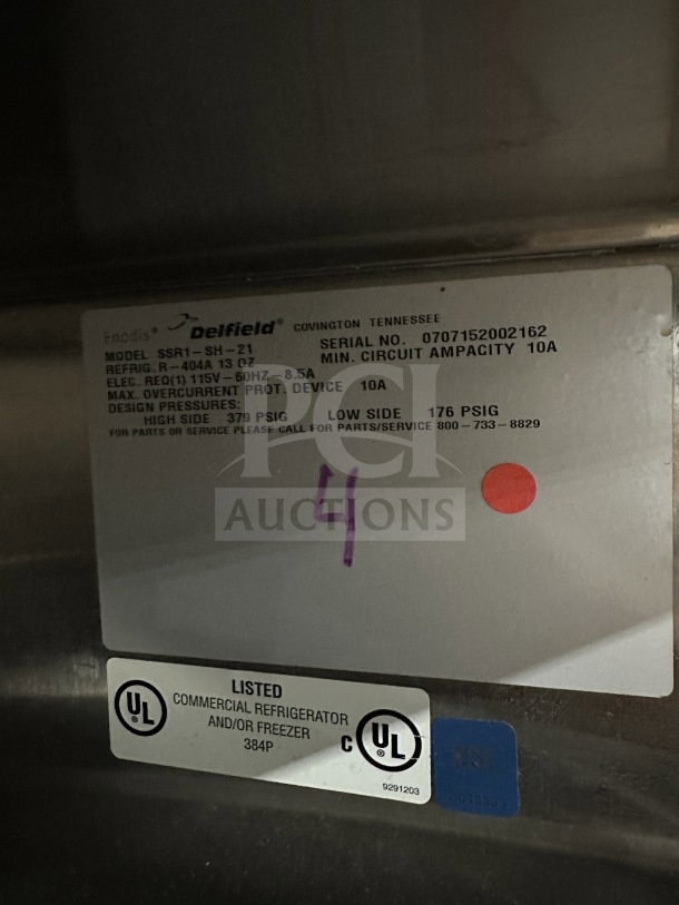 Delfield Commercial Stainless Steel Refrigerator, Model SSR1-SH-21, features include R-404A refrigerant, 115V, UL listed.