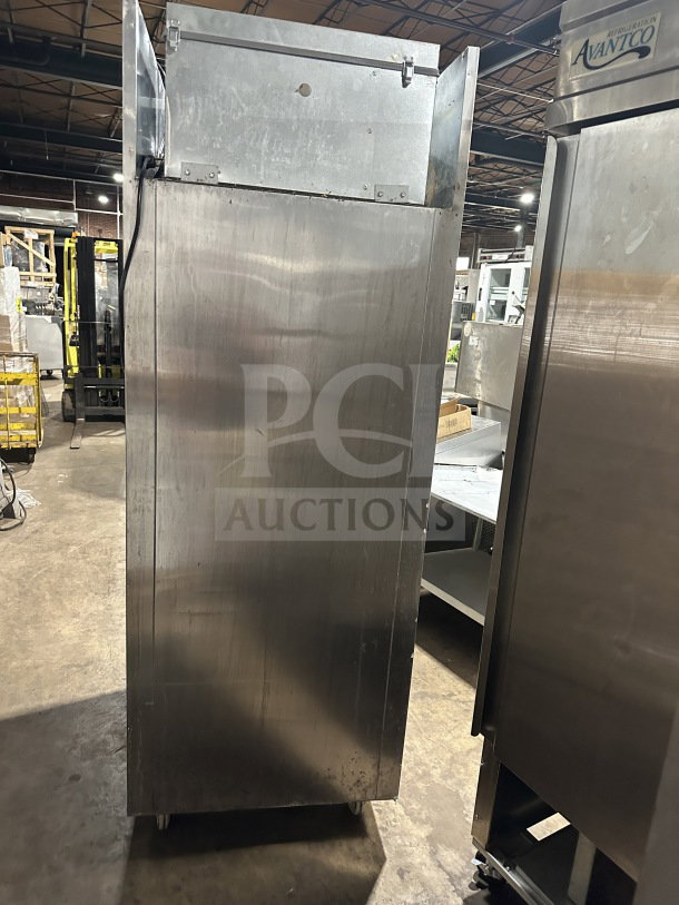 Delfield SSR1 SH 21 stainless steel two-door commercial refrigerator on casters, 115V, used condition.