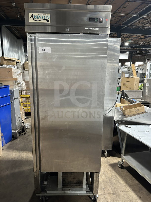 Avantco commercial stainless steel single door reach-in freezer, Model 178SS1FHC, on casters, in working condition.