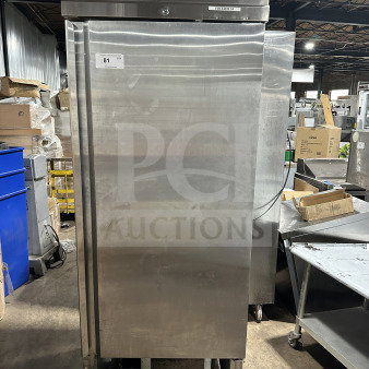 Avantco commercial stainless steel single door reach-in freezer, Model 178SS1FHC, on casters, in working condition.
