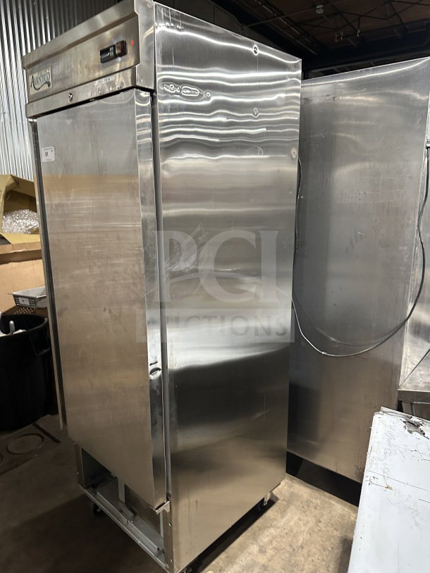 Avantco commercial stainless steel single door reach-in freezer model 178SS1FHC, on casters, visible control panel.