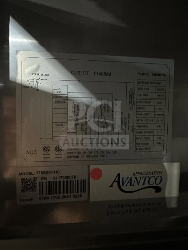 Avantco Commercial Stainless Steel Freezer Model 178SS1FHC, shown with circuit diagram, serial number 67901702200010236.