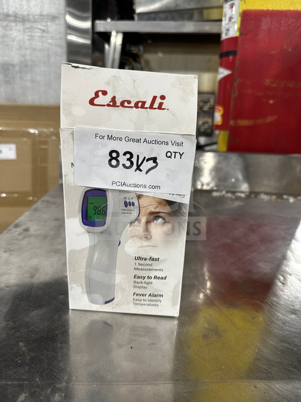 Brand new Escali THDG310 white non-contact forehead thermometer in box, features ultra-fast measurements and back-light display.