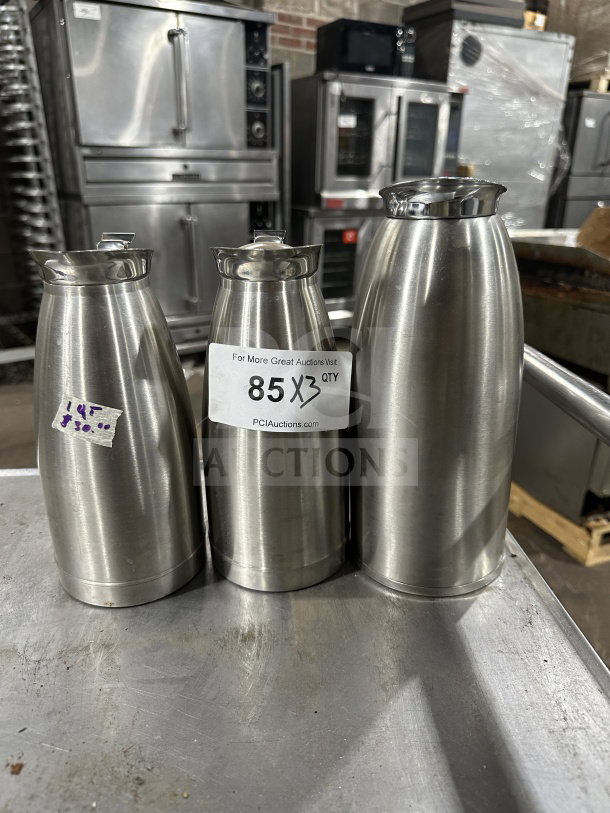 Bon Chef stainless steel vacuum-insulated beverage servers. Set of three, durable commercial quality, auction item label visible.