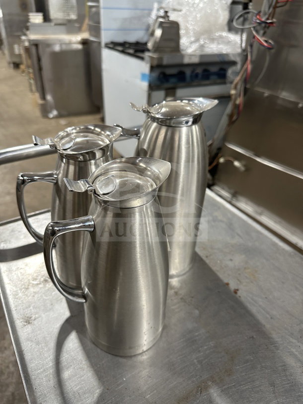Bon Chef stainless steel vacuum-insulated beverage servers, set of three, commercial grade, excellent condition.