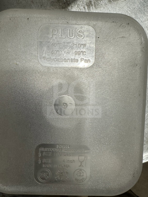 PLUS Commercial translucent polypropylene food pan, full-size, heat resistant -40°F to 210°F, 4-inch depth, NSF certified.