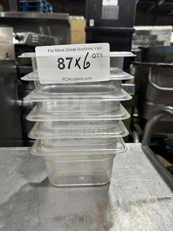 Vicor polycarbonate translucent full-size food pans, stack of six, durable, commercial use. Condition: Good.
