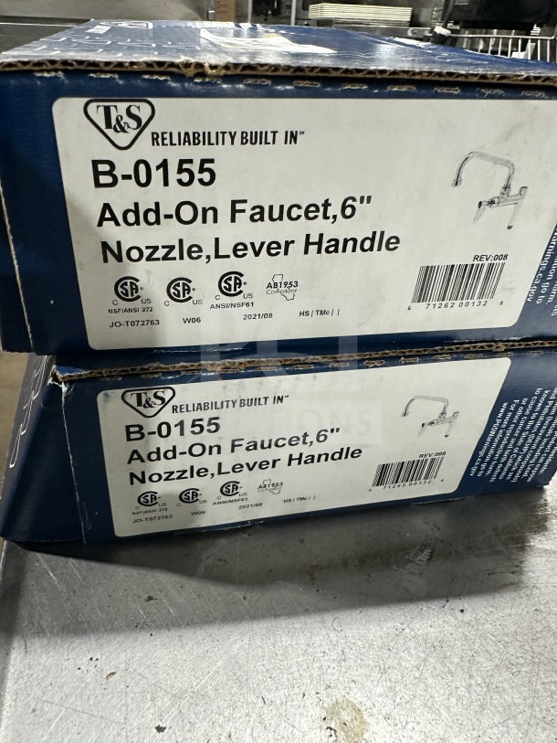 T&S Model B-0155, brand new 6" add-on faucet with lever handle. Box labels show certifications and warranty info.