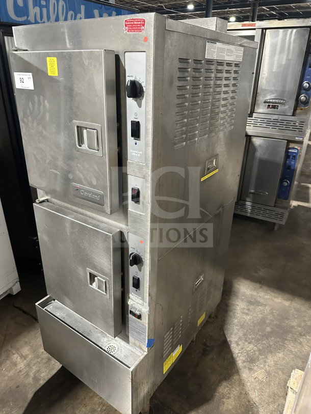 Cleveland Range Gemini Series convection steamer, stainless steel, model 24CGA10, dual compartments, individual controls, on legs.