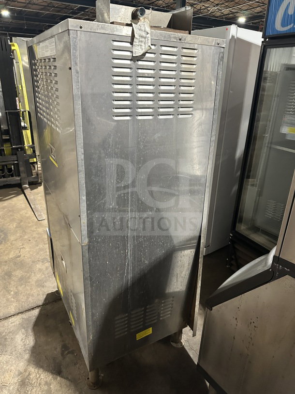 Cleveland Range Gemini Series 24CGA10 commercial stainless steel dual compartment 10-pan convection steamer cabinet, on legs.