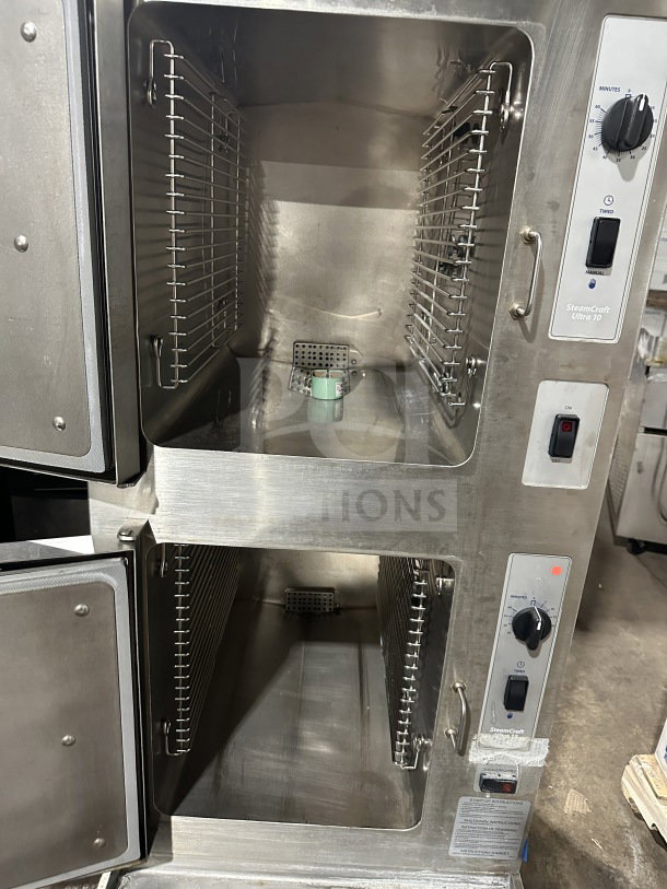 Cleveland Gemini Series dual compartment 10-pan convection steamer, model 24CGA10, stainless steel, natural gas, with individual controls.