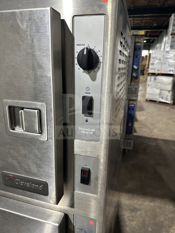 Cleveland Gemini Series dual compartment 10-pan convection steamer, stainless steel, Model 24CGA10, gas-powered, with controls.
